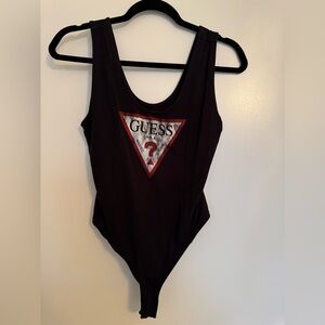 Vintage GUESS Triangle Logo Bodysuit Black | Size M